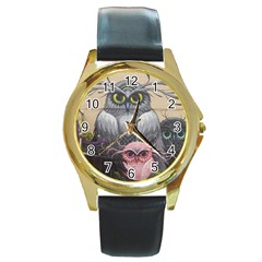 Graffiti Owl Design Round Gold Metal Watch by Excel