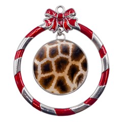 Giraffe Skin Design Metal Red Ribbon Round Ornament by Excel