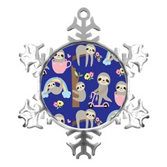 Hand-drawn-cute-sloth-pattern-background Metal Small Snowflake Ornament