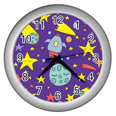 Card-with-lovely-planets Wall Clock (silver)