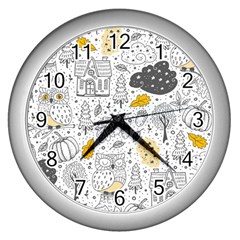 Doodle-seamless-pattern-with-autumn-elements Wall Clock (silver)