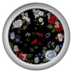 Floral-folk-fashion-ornamental-embroidery-pattern Wall Clock (silver)