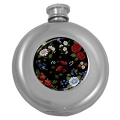 Floral-folk-fashion-ornamental-embroidery-pattern Round Hip Flask (5 Oz) by Simbadda