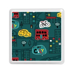 Seamless-pattern-hand-drawn-with-vehicles-buildings-road Memory Card Reader (Square)