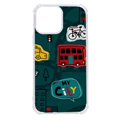 Seamless-pattern-hand-drawn-with-vehicles-buildings-road iPhone 13 Pro Max TPU UV Print Case