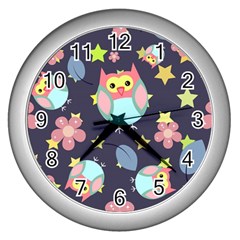 Owl-stars-pattern-background Wall Clock (silver)