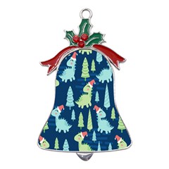 Cute-dinosaurs-animal-seamless-pattern-doodle-dino-winter-theme Metal Holly Leaf Bell Ornament by Simbadda