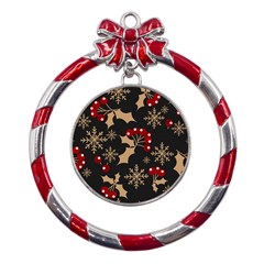 Christmas-pattern-with-snowflakes-berries Metal Red Ribbon Round Ornament by Simbadda