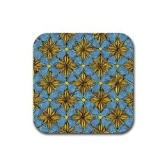 Gold abstract flowers pattern at blue background Rubber Coaster (Square)