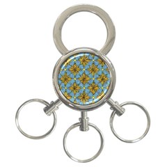 Gold abstract flowers pattern at blue background 3-Ring Key Chain