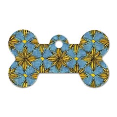 Gold abstract flowers pattern at blue background Dog Tag Bone (One Side)