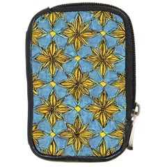 Gold abstract flowers pattern at blue background Compact Camera Leather Case