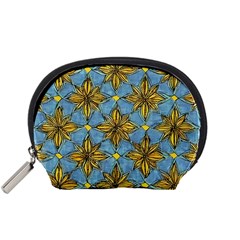 Gold Abstract Flowers Pattern At Blue Background Accessory Pouch (small) by Casemiro