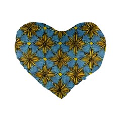 Gold Abstract Flowers Pattern At Blue Background Standard 16  Premium Flano Heart Shape Cushions by Casemiro