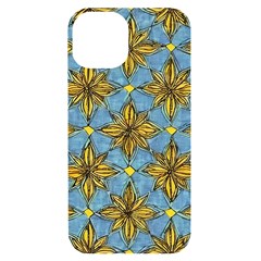 Gold Abstract Flowers Pattern At Blue Background Iphone 14 Black Uv Print Case