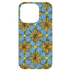 Gold Abstract Flowers Pattern At Blue Background Iphone 14 Pro Black Uv Print Case