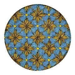 Gold Abstract Flowers Pattern At Blue Background Round Glass Fridge Magnet (4 Pack) by Casemiro