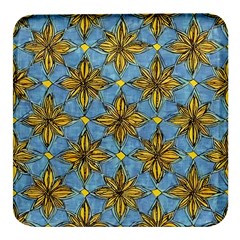 Gold Abstract Flowers Pattern At Blue Background Square Glass Fridge Magnet (4 Pack) by Casemiro