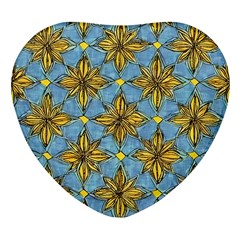 Gold Abstract Flowers Pattern At Blue Background Heart Glass Fridge Magnet (4 Pack) by Casemiro