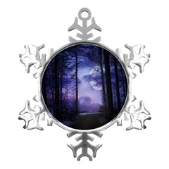 Moonlit A Forest At Night With A Full Moon Metal Small Snowflake Ornament