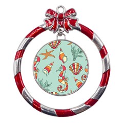Seahorse Seashell Starfish Shell Metal Red Ribbon Round Ornament by Proyonanggan
