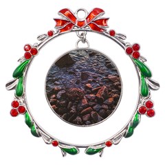 Twilight Treasures: Rocky Beachscape  Metal X mas Wreath Ribbon Ornament by dflcprintsclothing