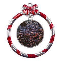 Twilight Treasures: Rocky Beachscape  Metal Red Ribbon Round Ornament by dflcprintsclothing