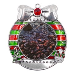 Twilight Treasures: Rocky Beachscape  Metal X mas Ribbon With Red Crystal Round Ornament by dflcprintsclothing