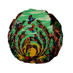 Monkey Tiger Bird Parrot Forest Jungle Style Standard 15  Premium Round Cushions by Grandong