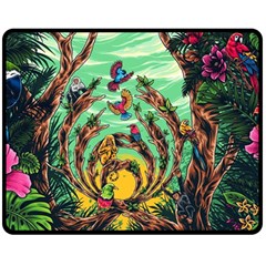 Monkey Tiger Bird Parrot Forest Jungle Style Two Sides Fleece Blanket (medium) by Grandong