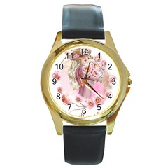 Women with flowers Round Gold Metal Watch