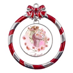 Women with flowers Metal Red Ribbon Round Ornament