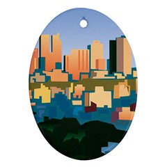 City Buildings Urban Dawn Oval Ornament (two Sides)