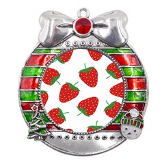 Seamless Pattern Fresh Strawberry Metal X mas Ribbon With Red Crystal Round Ornament