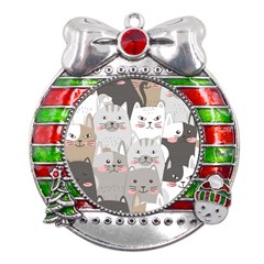 Cute Cats Seamless Pattern Metal X mas Ribbon With Red Crystal Round Ornament