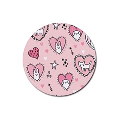 Cartoon Cute Valentines Day Doodle Heart Love Flower Seamless Pattern Vector Rubber Round Coaster (4 Pack)