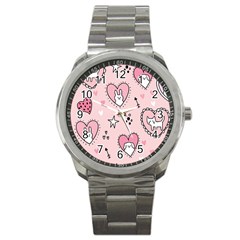 Cartoon Cute Valentines Day Doodle Heart Love Flower Seamless Pattern Vector Sport Metal Watch by Bangk1t