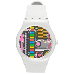 Pattern Geometric Abstract Colorful Arrows Lines Circles Triangles Round Plastic Sport Watch (m) by Bangk1t