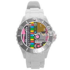 Pattern Geometric Abstract Colorful Arrows Lines Circles Triangles Round Plastic Sport Watch (l)