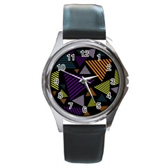 Abstract Pattern Design Various Striped Triangles Decoration Round Metal Watch by Bangk1t