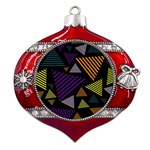 Abstract Pattern Design Various Striped Triangles Decoration Metal Snowflake And Bell Red Ornament Front