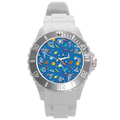 Space Rocket Solar System Pattern Round Plastic Sport Watch (l)