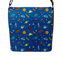 Space Rocket Solar System Pattern Flap Closure Messenger Bag (L)