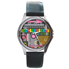 Pattern Geometric Abstract Colorful Arrow Line Circle Triangle Round Metal Watch by Bangk1t