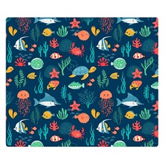 Variety Of Fish Illustration Turtle Jellyfish Art Texture Premium Plush Fleece Blanket (small)