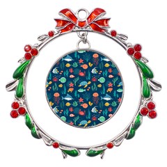 Variety Of Fish Illustration Turtle Jellyfish Art Texture Metal X mas Wreath Ribbon Ornament