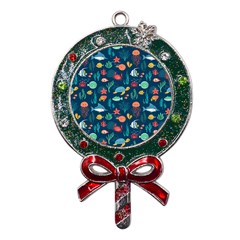 Variety Of Fish Illustration Turtle Jellyfish Art Texture Metal X mas Lollipop With Crystal Ornament