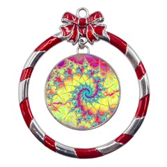 Fractal Spiral Abstract Background Vortex Yellow Metal Red Ribbon Round Ornament