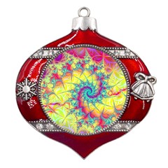 Fractal Spiral Abstract Background Vortex Yellow Metal Snowflake And Bell Red Ornament