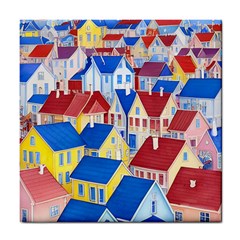 City Houses Cute Drawing Landscape Village Tile Coaster